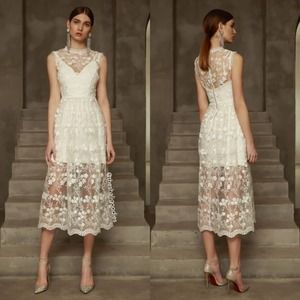 BRONX & BANCO Poppy Bridal Midi Dress White Floral Embroidered